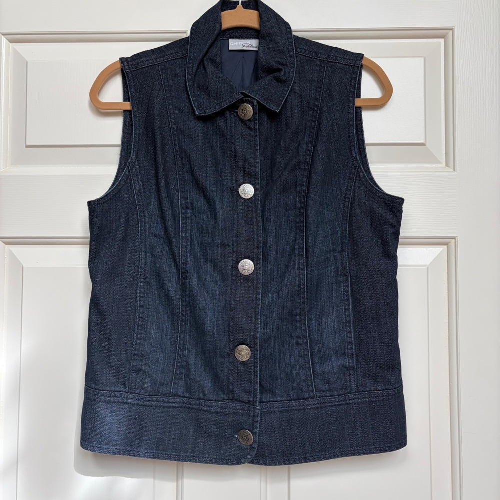 Chicos Platinum Rhinestone Corvello Vest‎ Dark Wash Denim 1 M Festival Statement - Picture 5 of 10